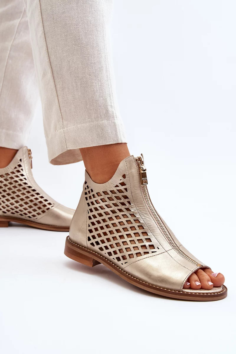 Kožené ažurové sandále Zazoo so zipsom, zlaté 37