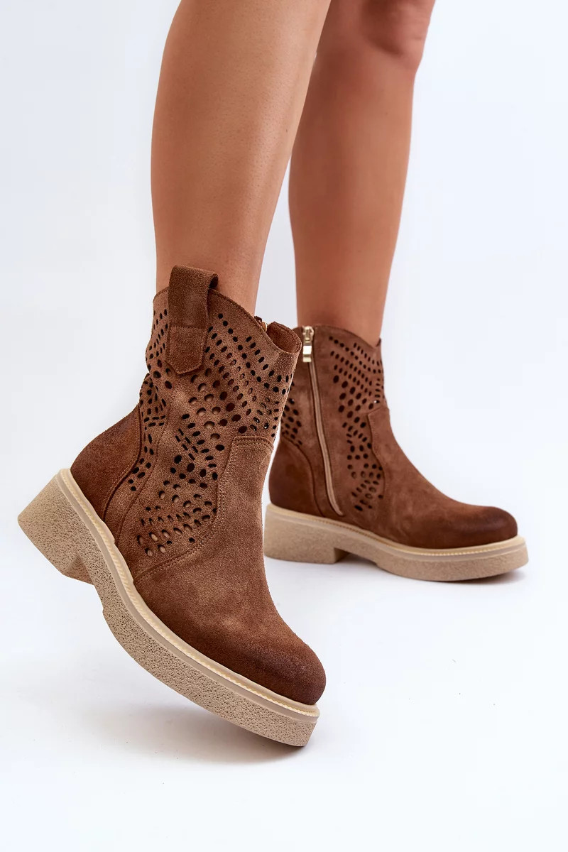 Zazoo Dámske semišové čižmy na plochom podpätku, ažurové, hnedé 37