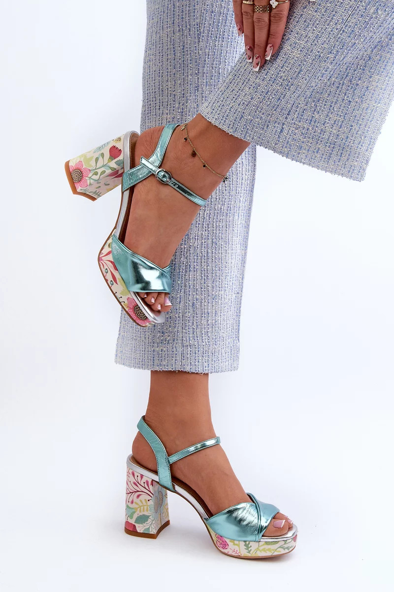 Dámske kvetinové sandále na vysokom podpätku D&A modré 37