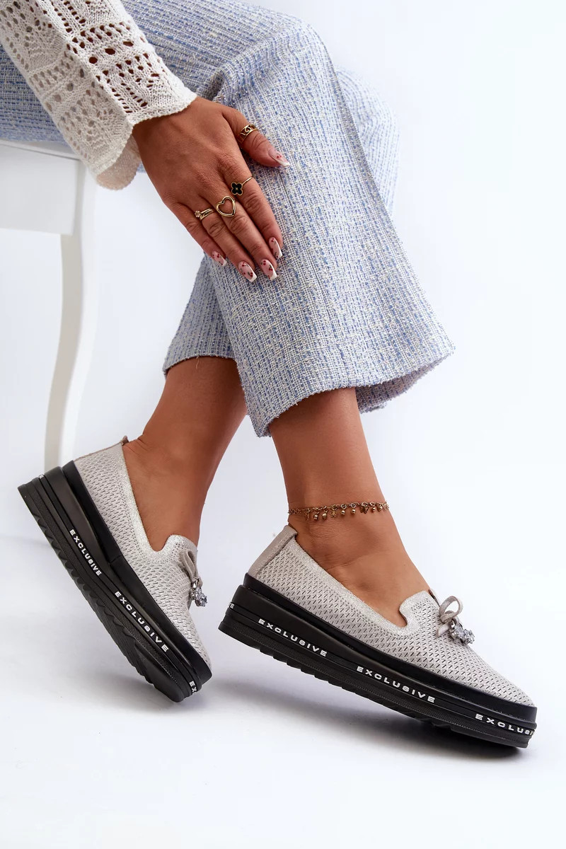 Lesklé dámské kožené mokasíny na platformě S.Barski Silver Velikost: 37