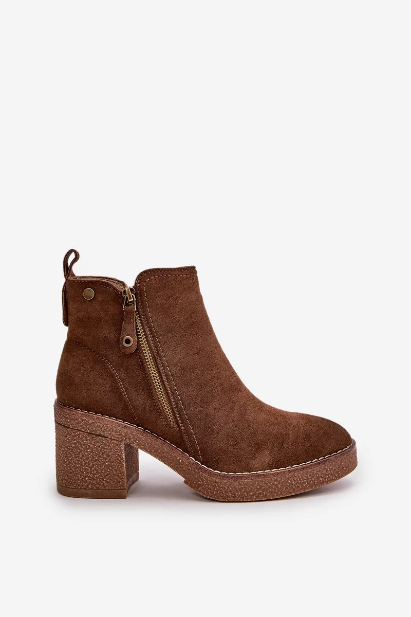 Zateplené dámske členkové topánky na podpätku Eco Suede Dark Brown Velarilla 40