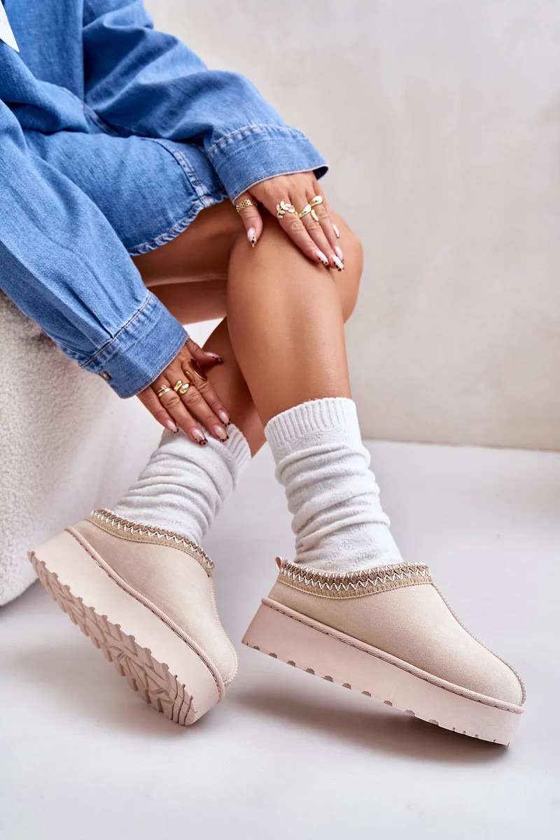 Sněhule Dámské Na Platformě Zateplené Kožíškem Světle Béžové Remenia 38