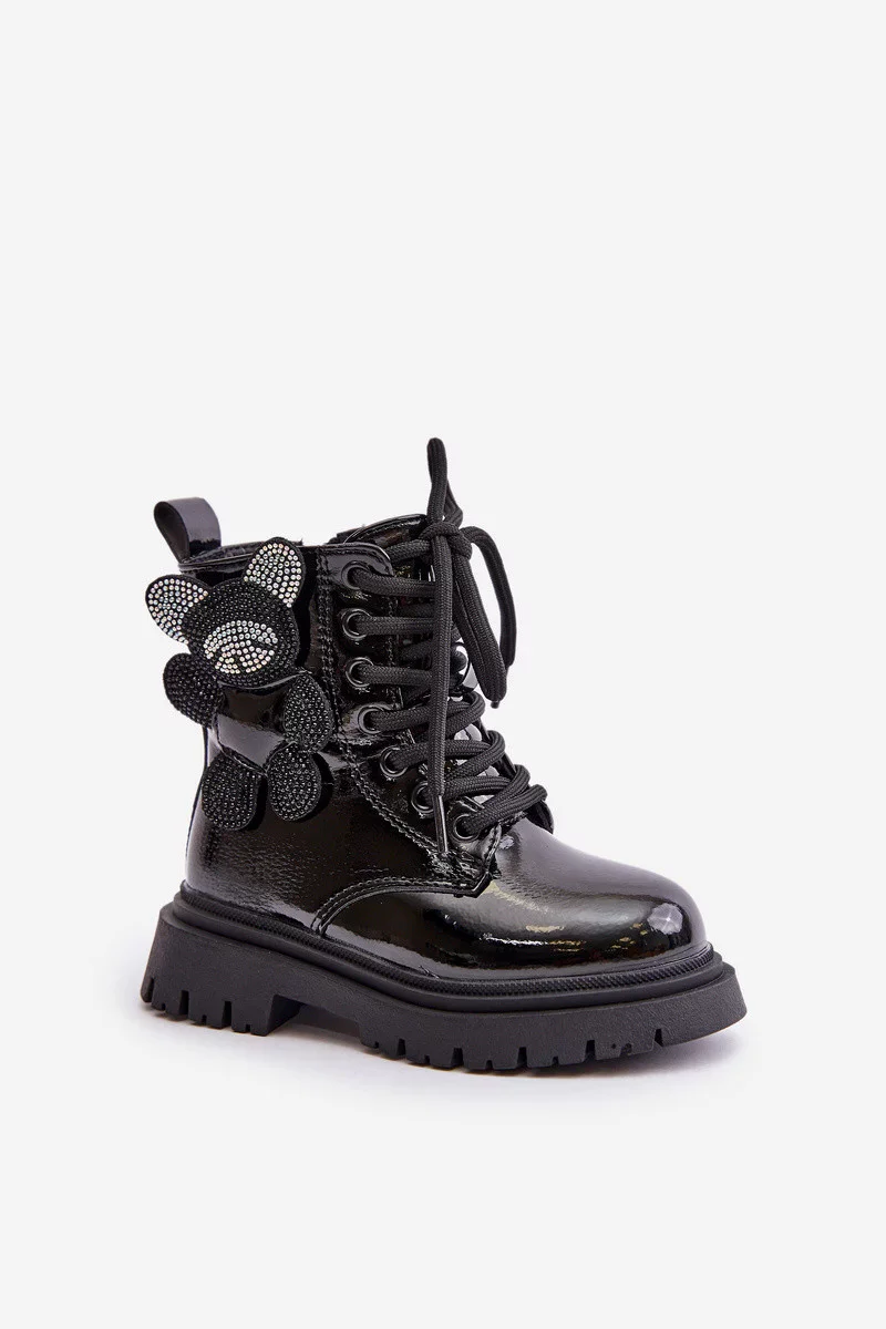 Zateplené dievčenské členkové topánky s koženým zipsom lakované čierne Relobia 33