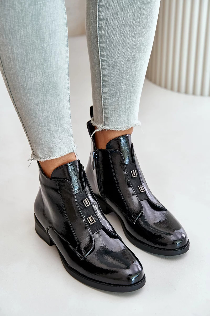 Lakované členkové topánky so zipsom Teplý plochý podpätok S.Barski Black 38