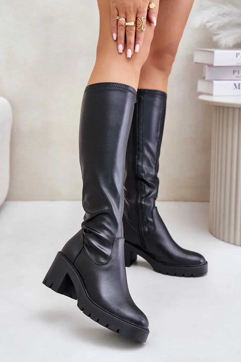 Topánky nad kolená Eco Leather Heeled Boots Vinceza Black 40