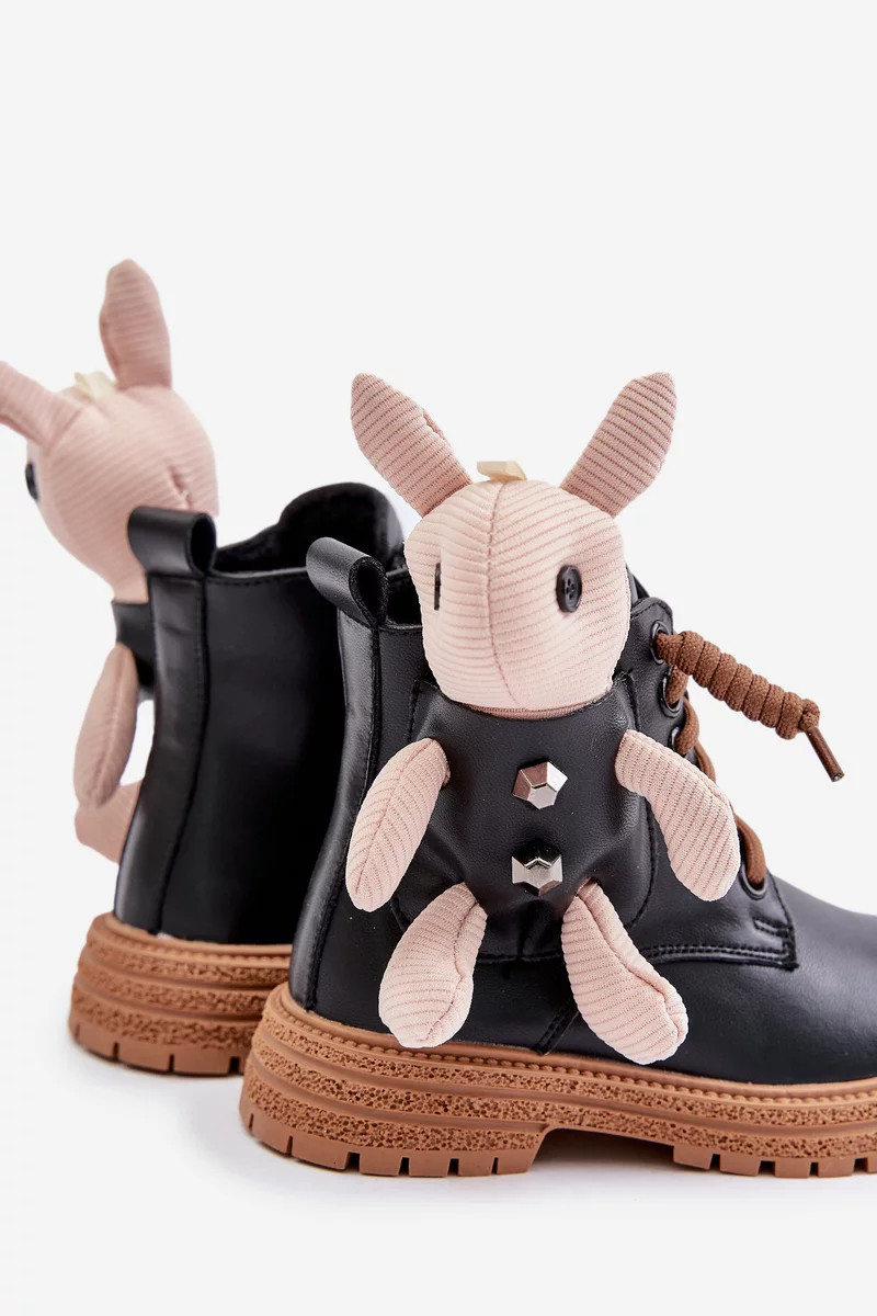 Kožené zateplené detské členkové topánky na zips s medvedíkom Vinceza Black 27