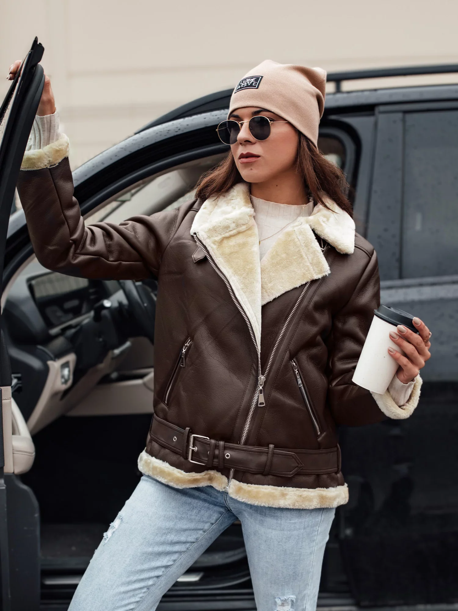 Dámska kožená bunda NORFDIMA s kožušinou coffee Dstreet TY4736 M