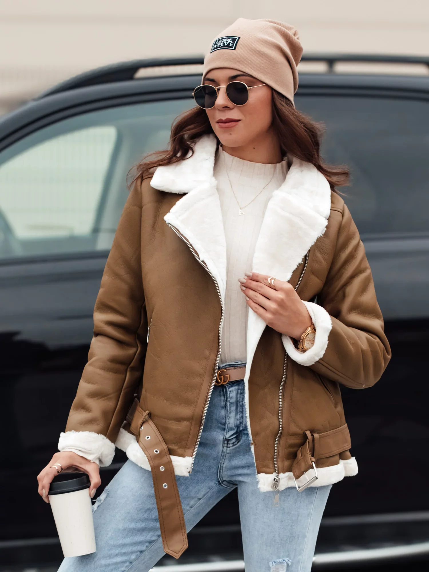 Dámska kožená bunda NORFDIMA s kožušinou ťavej farby Dstreet TY4738 M