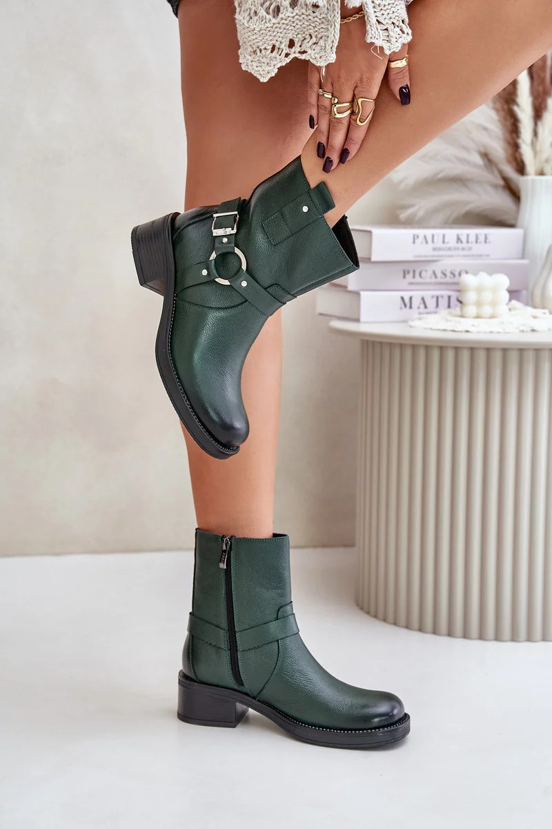 Zazoo Kožené Kotníkové Boty Na Nízkém Podpatku Zateplené Tmavě Zelené Velikost: 38