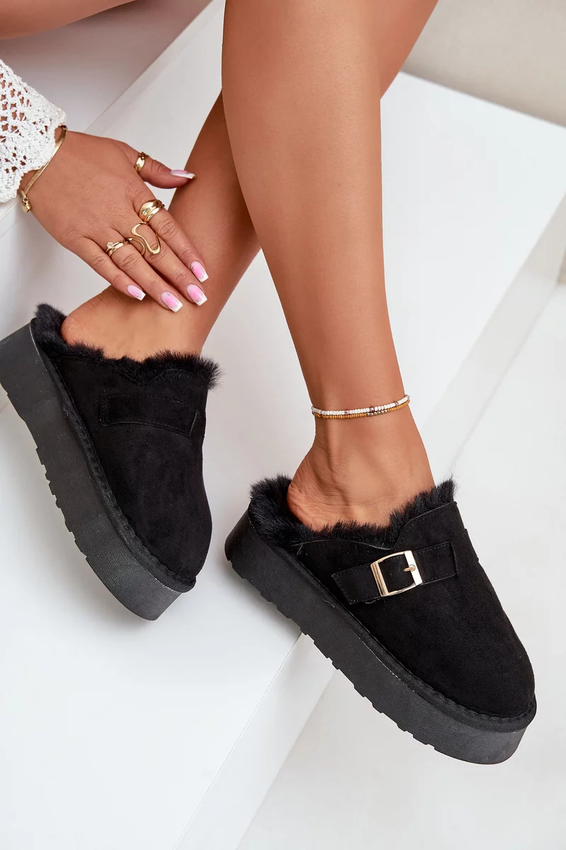 Dámske papuče s hrubou podrážkou, kožušinou a prackou čierne Linneola 39