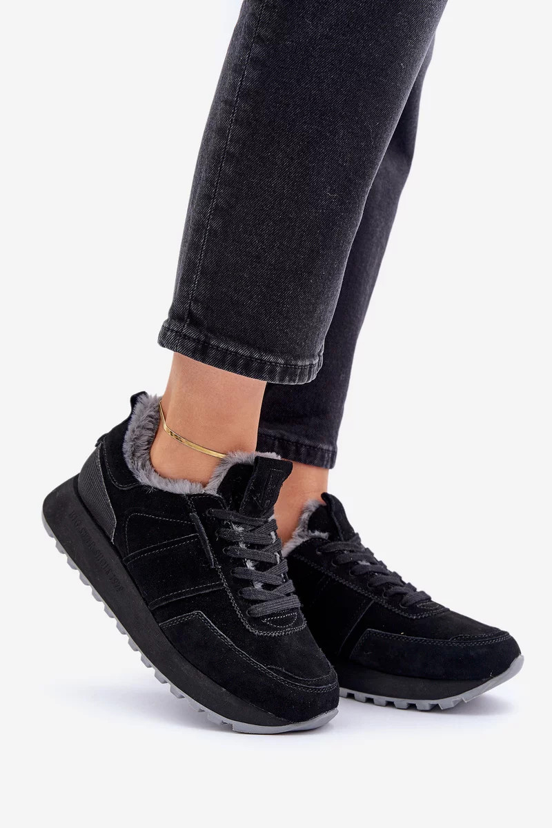 Semišové dámske tenisky s kožušinou a lesklým prvkom Big Star OO274580 Hi-Poly System black 38