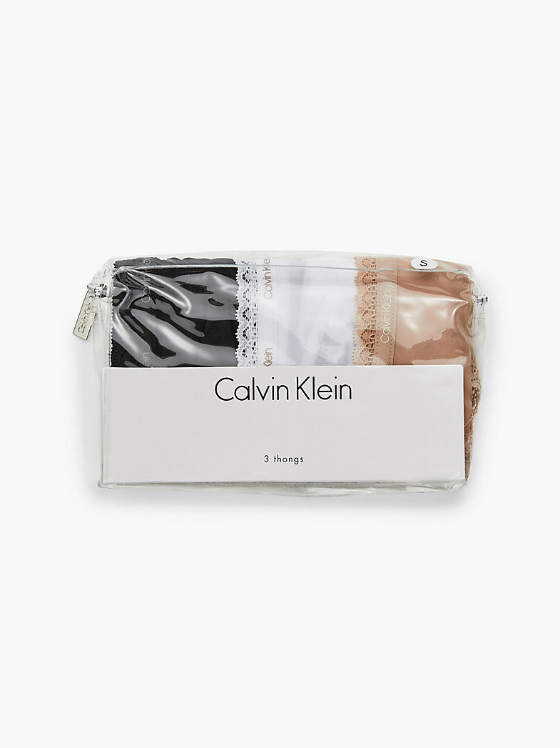 Dámská tanga 3 Pack Thongs Bottoms Up 000QD3802EFIY černá/bílá/mandlová - Calvin Klein M