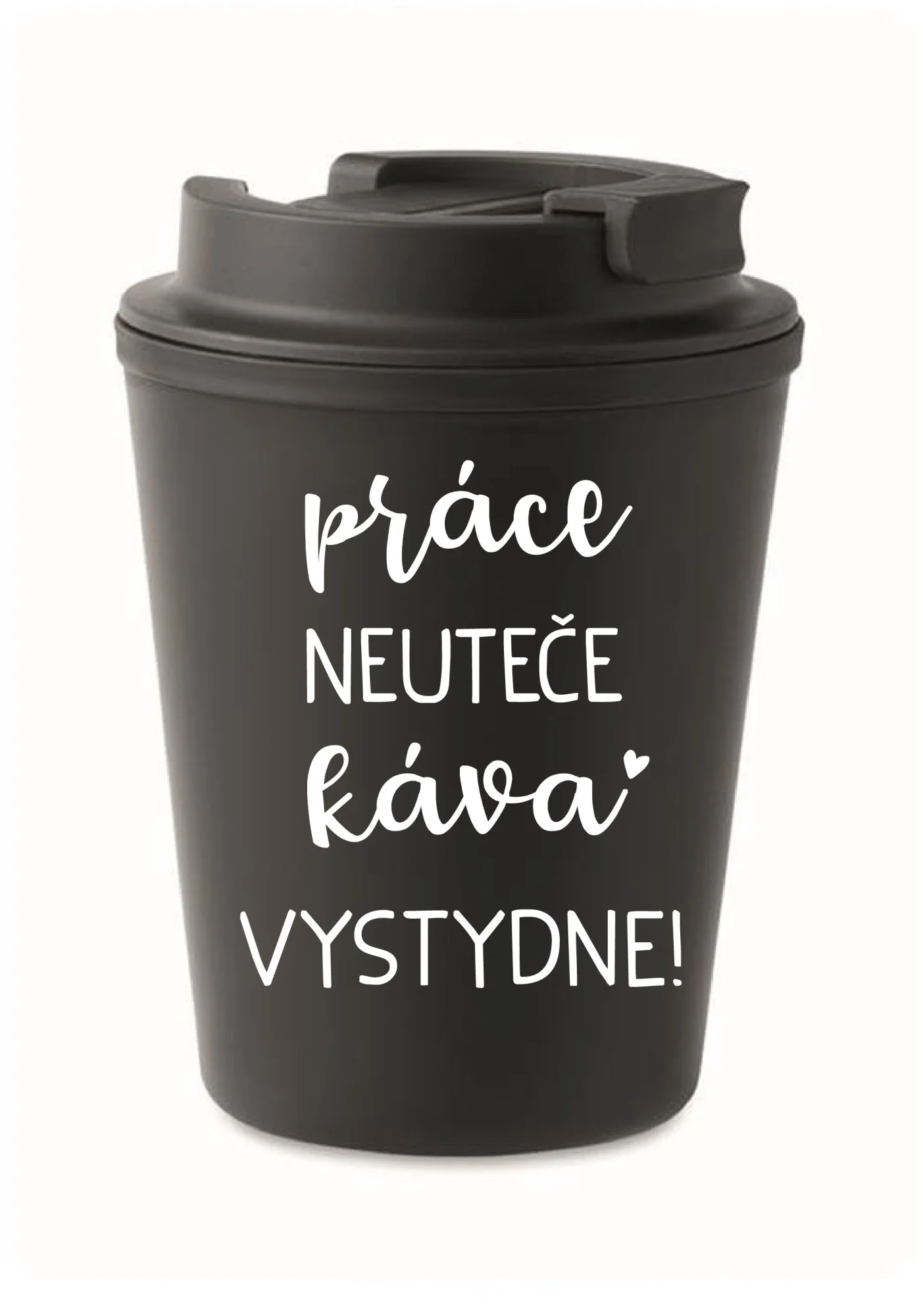 PRÁCE NEUTEČE, KÁVA VYSTYDNE! - černý termohrnek 300 ml