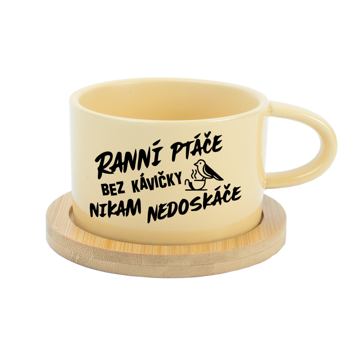 RANNÍ PTÁČE BEZ KÁVIČKY NIKAM NEDOSKÁČE - žlutý hrníček makronka 200 ml