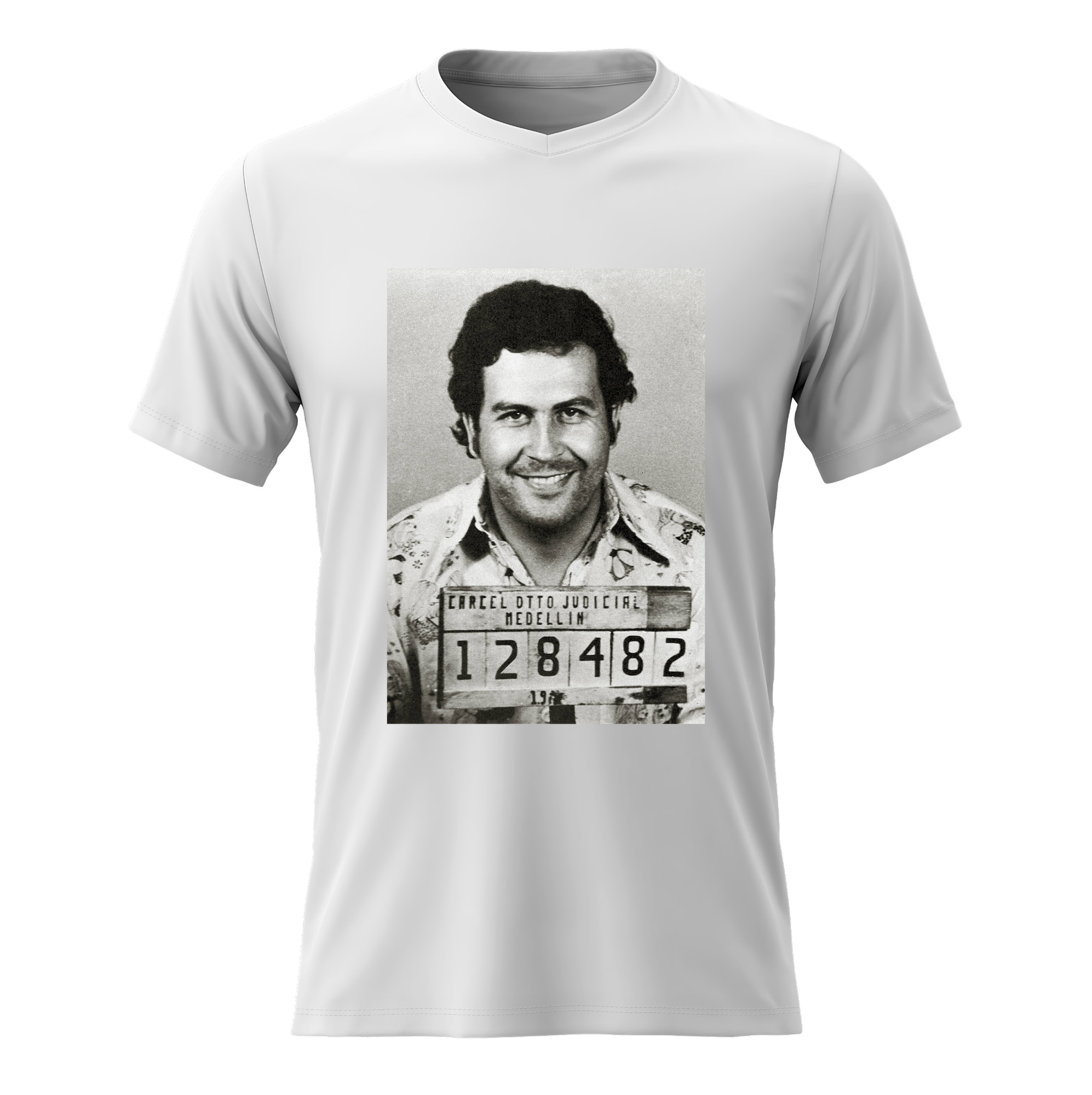 Pánské bavlněné tričko s potiskem - PABLO ESCOBAR - bílé Velikost: XL