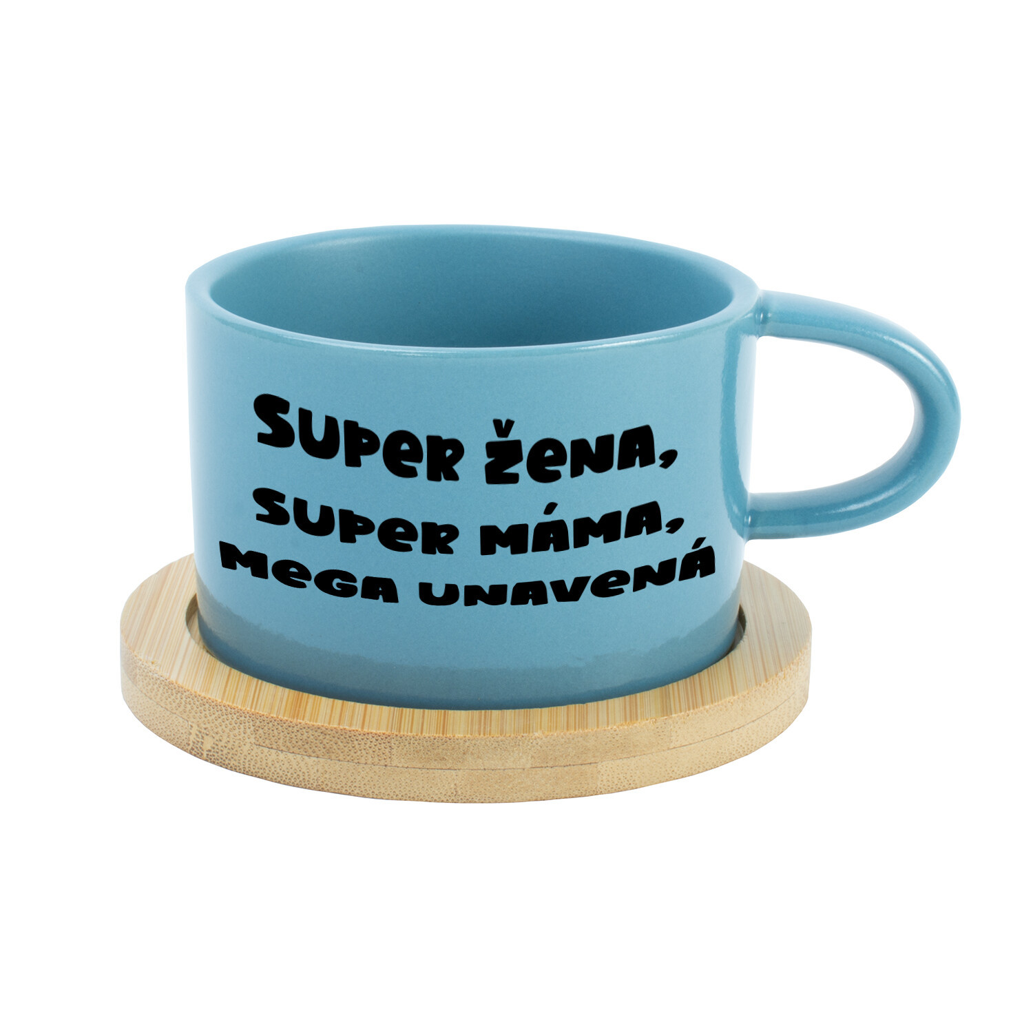 SUPER ŽENA, SUPER MÁMA, MEGA UNAVENÁ. - modrý hrníček makronka 200 ml