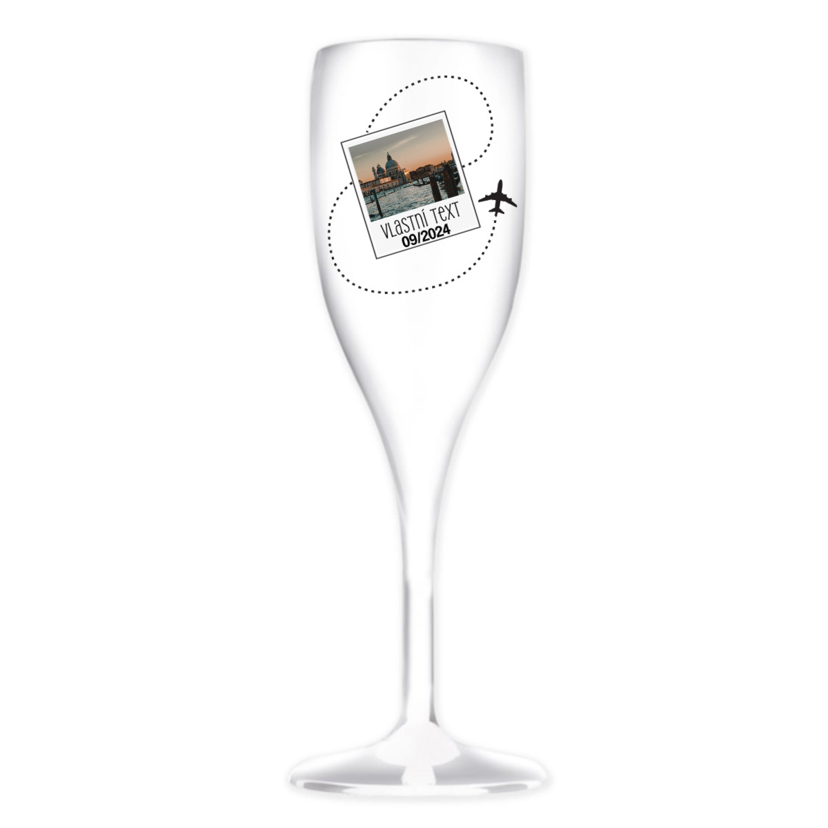 Personalizovaná nerozbitná prosecco sklenice s fotkou a cestovatelským motivem