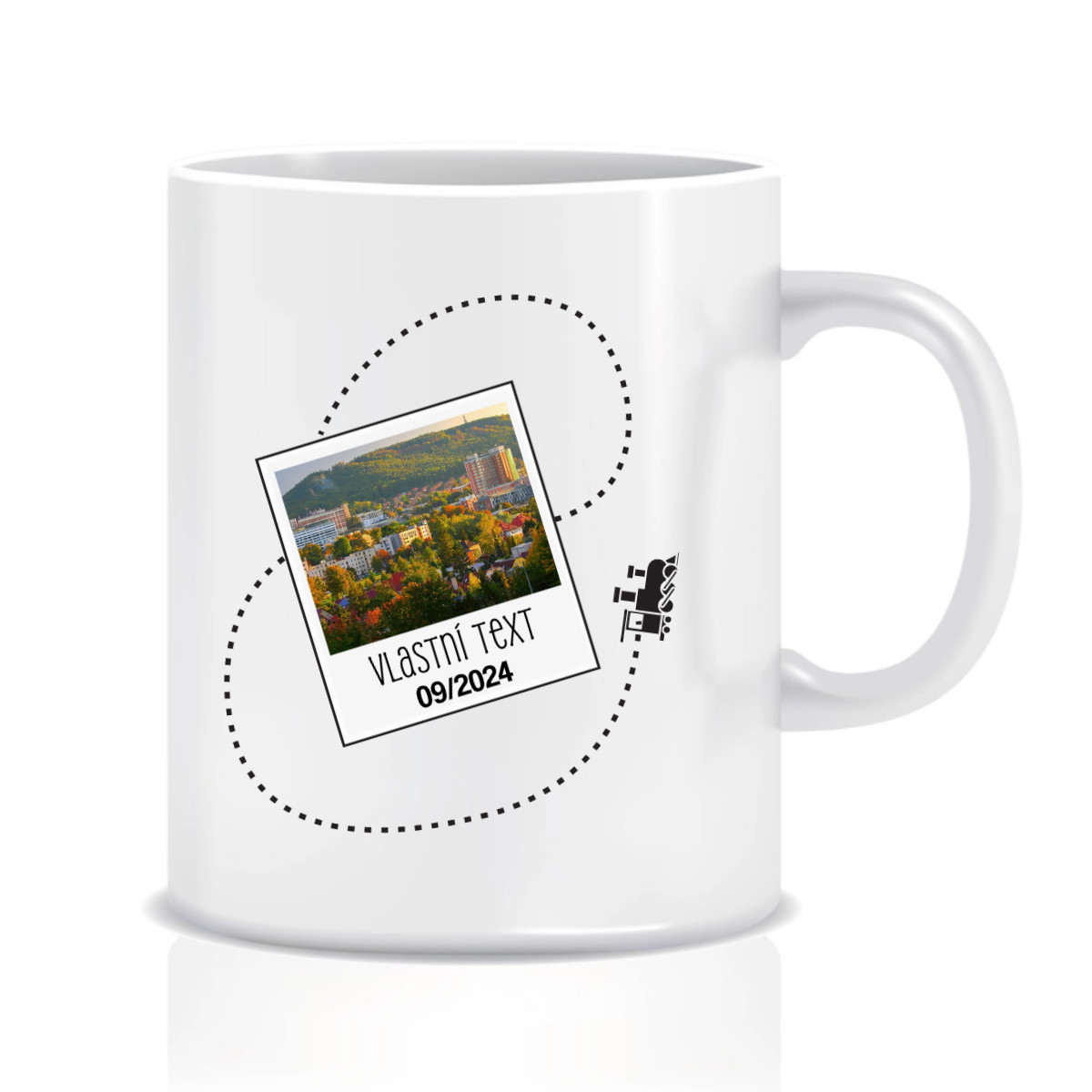 Personalizovaný klasický biely keramický hrnček s objemom 300 ml s fotografiou a cestovateľským motívom