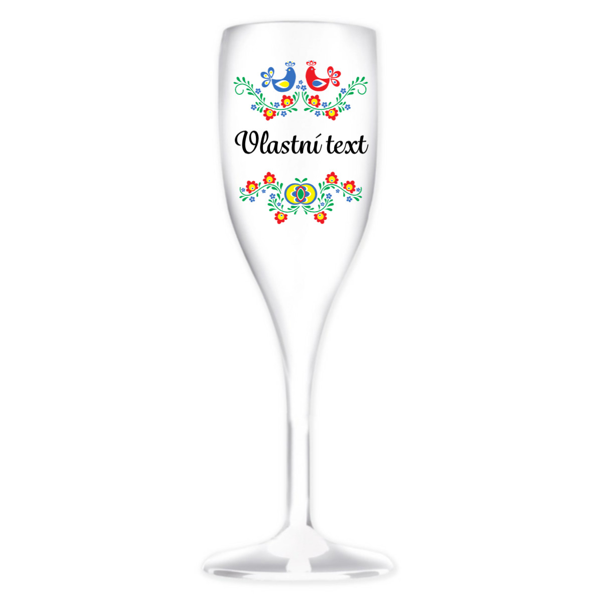 Personalizovaná bílá nerozbitná prosecco sklenice s folklórním vzorem