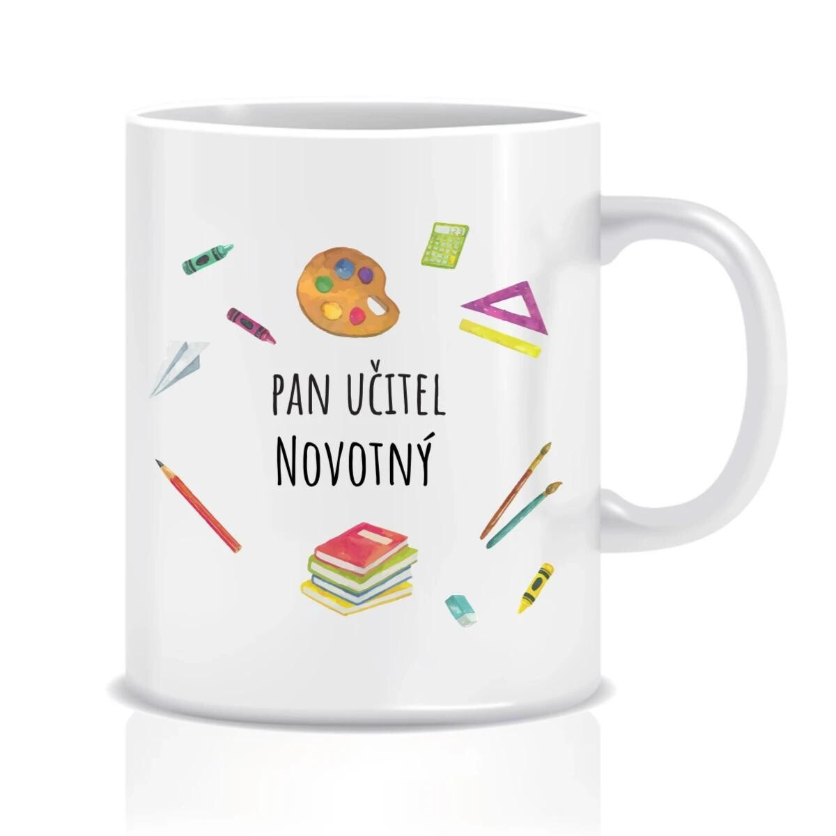 Personalizovaný klasický biely keramický hrnček s objemom 300 ml pre pani učiteľku/pána učiteľa (učebné pomôcky)