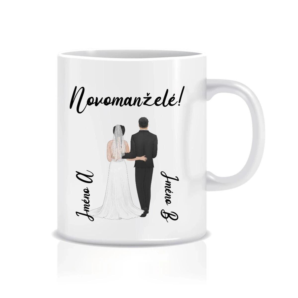 Personalizovaný klasický biely keramický hrnček s objemom 300 ml so svadobným párom