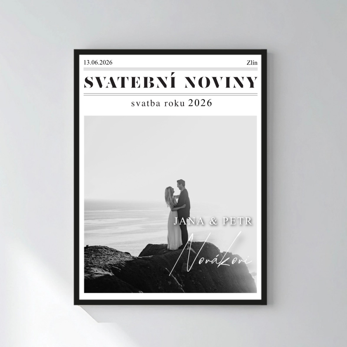 Personalizovaný magický fotokoláž v ráme – 30x40 – svadobné noviny