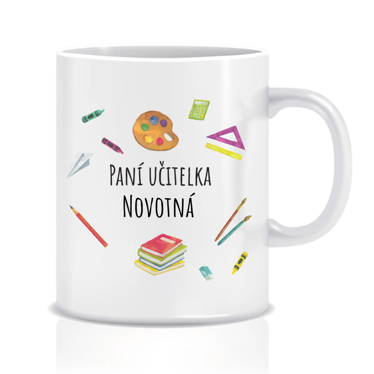 Personalizovaný klasický bílý hrníček pro paní učitelku/pana učitele (pomůcky)
