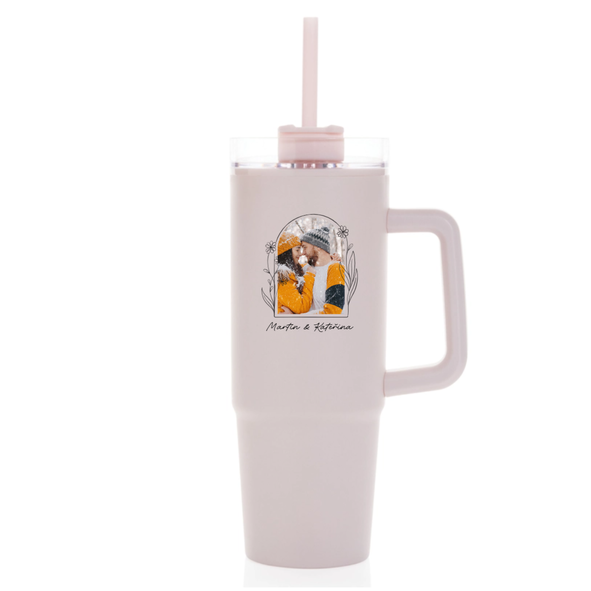 Personalizovaná termoska s průhledným víčkem s květinovým ohraničením