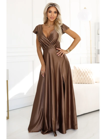 CRYSTAL saténové dlouhé šaty s výstřihem model 21470381 - numoco