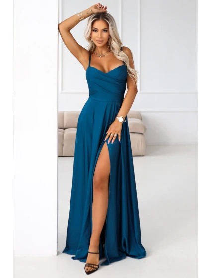 model 21848973 Dlouhé večerní šaty bez ramínek s rozparkem na nohou námořnické barvy - numoco basic