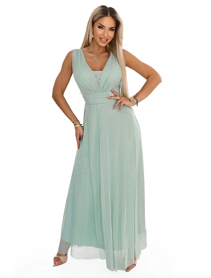Dlouhé maxi šaty s  a hlubokým výstřihem pistáciová barva model 22082632 - numoco basic