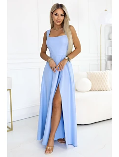 Dlouhé šaty s rozparkem a výstřihem modré s třpytkami model 22090126 - numoco