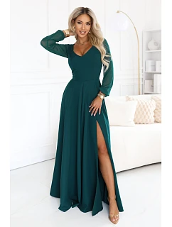 LORETTA – dlouhé šaty s rukávy a výstřihem – zelené model 22312488 - numoco