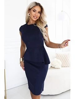 model 22349685 Elegantní semišové midi šaty s volánkovým pasem – tmavě modré - numoco