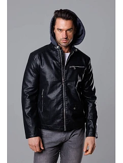 Černá pánská bunda z ekokůže s kapucí model 18347813 - J.STYLE
