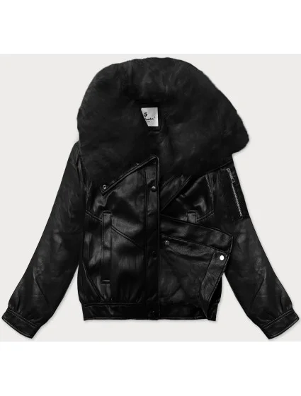 Černá kožená bunda s velkým límcem model 21248134 - Glakate