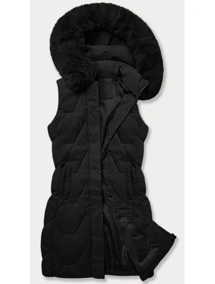 Černá dámská vesta s kapucí kožešinou model 20698555 - J.STYLE