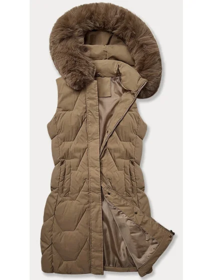 Tmavě béžová dámská vesta s kapucí kožešinou model 20698565 - J.STYLE