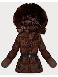 Hnědá zimní bunda s kapucí a s opaskem model 21479124 - J.STYLE