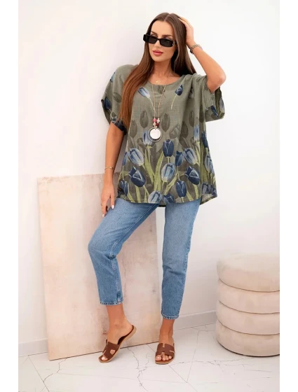 Dámská bavlněná košile s květinovým vzorem khaki