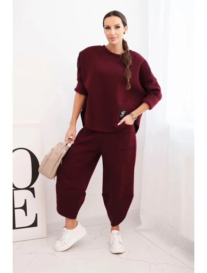 Dámský komplet teplákový z model 21489462 materiálu se širokými nohavicemi bordový - K-Fashion
