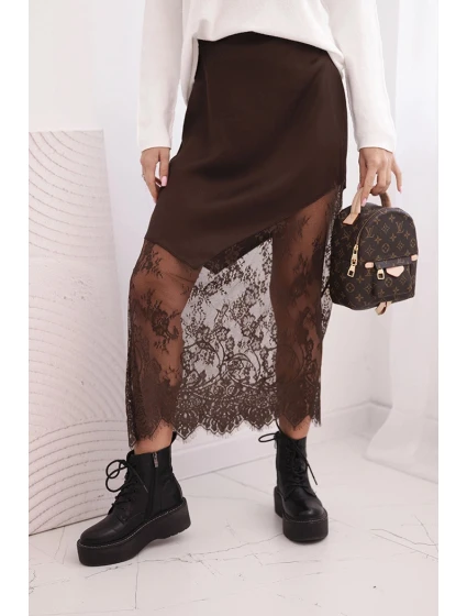 Dámská viskózová sukně s krajkou hnědá