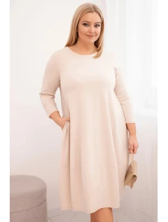 Dámská bavlněná šaty Plus Size s ohrnovacími rukávy a kapsami béžová