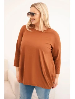 Dámská blůza Plus Size z bavlny s ozdobnými knoflíky a ohrnovacími rukávy camelová