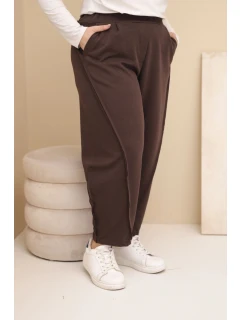 Dámské kalhoty z bavlny Plus Size volného střihu s vysokým pasem hnědé