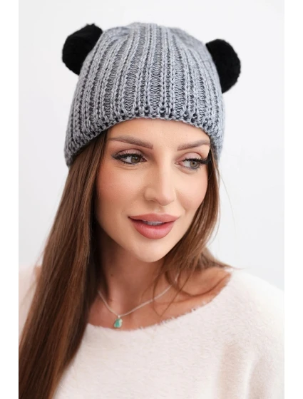 Dámská zimní pletená čepice s bambulí model 21817787 tmavě šedá - K-Fashion
