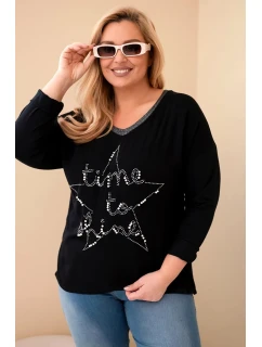 Dámská blůza Plus Size s nápisem a perlami černá