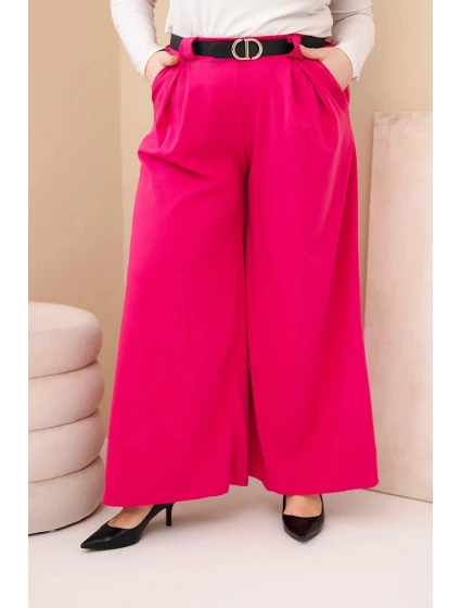 Dámské kalhoty Plus Size viskózové s širokým nohavicí a páskem fuchsie