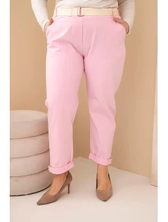 Dámské bavlněné kalhoty Plus Size s páskem světle růžové