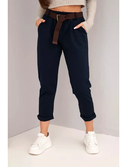 Dámské kalhoty bavlněné s páskem a ohrnutým nohavicemi model 21890018 - K-Fashion